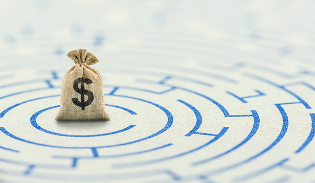 A bag of money at the centre of a maze.